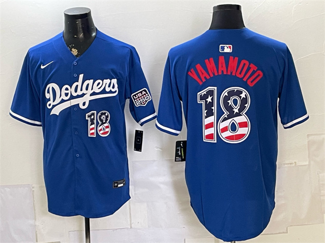 Men's Los Angeles Dodgers #18 Yoshinobu Yamamoto Blue USA 250 Fourth of July Stitched Baseball Jersey Men's Los Angeles Dodgers #18 Yoshinobu Yamamoto Blue USA 250 Fourth of July Stitched Baseball Jersey